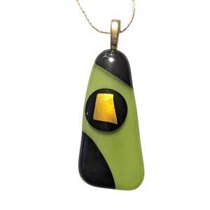 Fused Glass Pendant & Gold Tone 925 Sterling Silver 18 in Chain Italy Green Gold